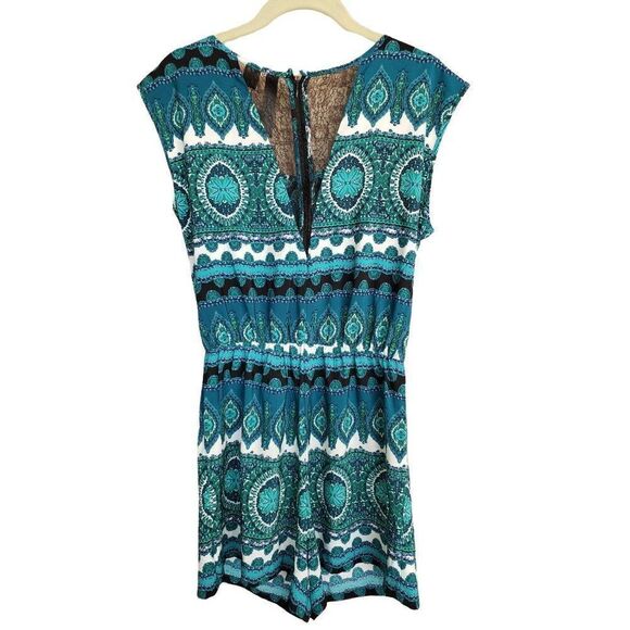 Women's Short Sleeve Romper Lace Zip Down Jumpsuit Blue Green Medium - Picture 2 of 4